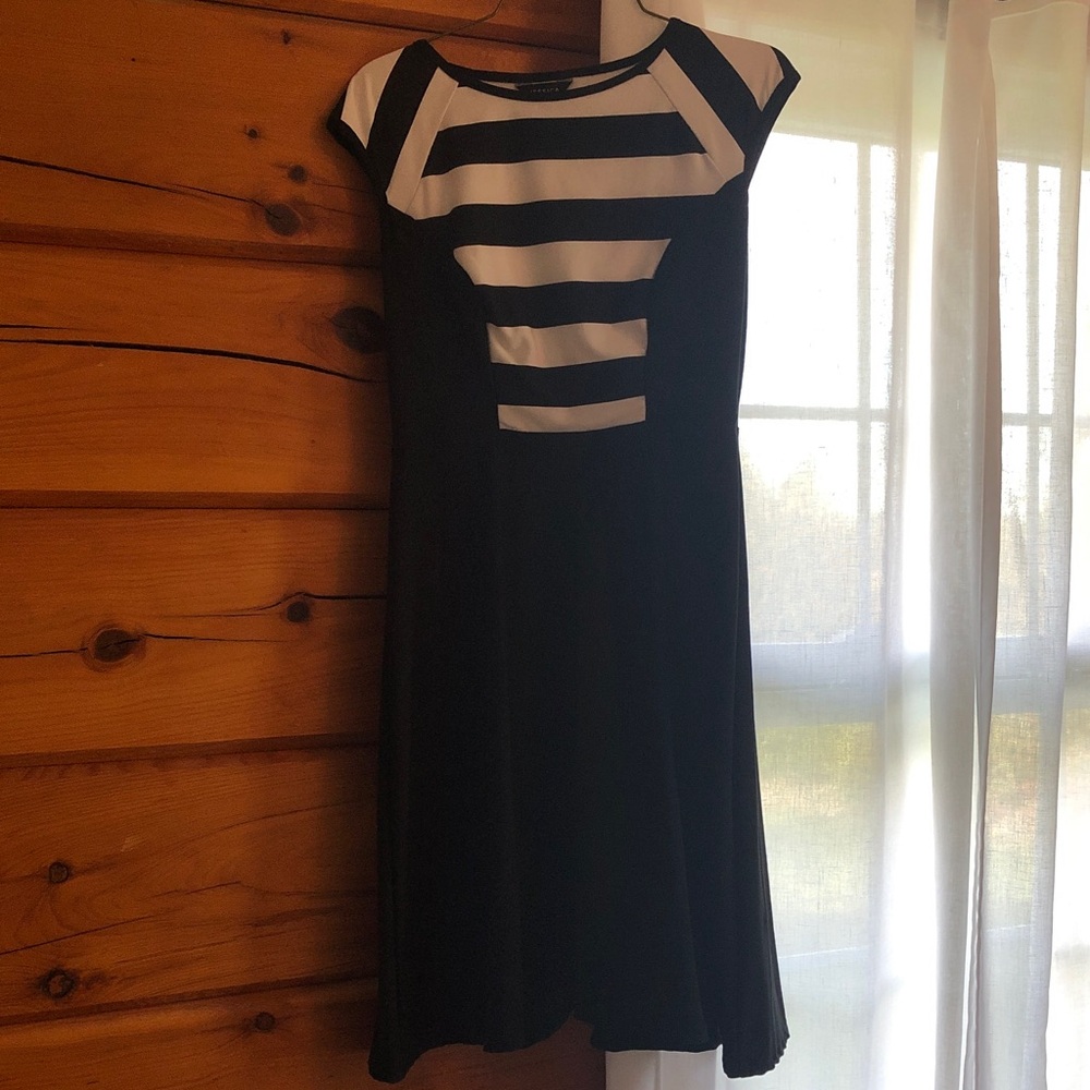 Black and White Striped Yoke Fit-and-Flare Dress